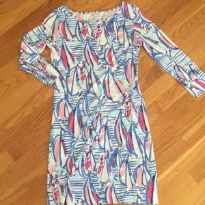 Women’s Lilly printed dress with boat neckline.